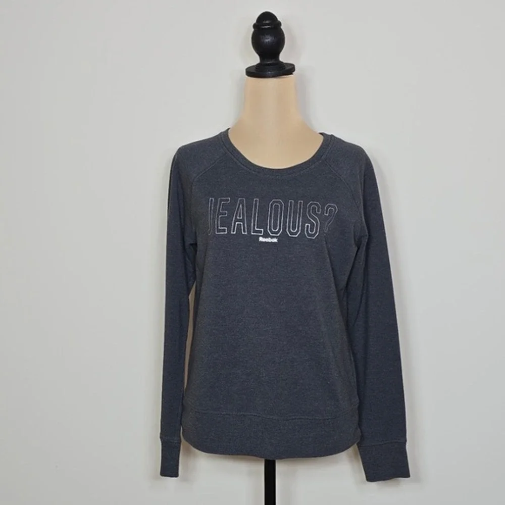 Reebok Womens Jealous Graphic Sweatshirt Charcoal Gray Raglan Pullover Small - Picture 1 of 6